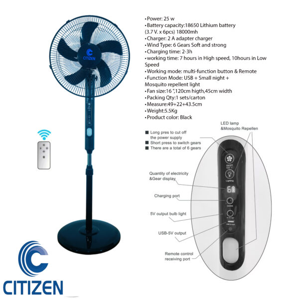 Citizen Rechargeable Fan (16") Lithium Battery Remote Control Full stand AC/DC Fan.