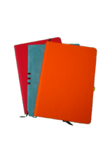 Colorful A5 PU leather notebook set with red, orange, and teal covers, featuring lined pages and ribbon bookmarks.