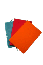 Colorful A5 PU leather notebook set with red, orange, and teal covers, featuring lined pages and ribbon bookmarks.