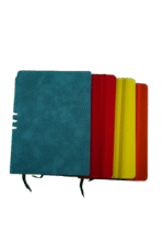 Colorful A5 PU leather notebook set with red, orange, and teal covers, featuring lined pages and ribbon bookmarks.