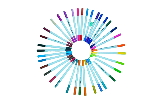 Set of double head colored pens with fine and brush tips for drawing, coloring, and writing.