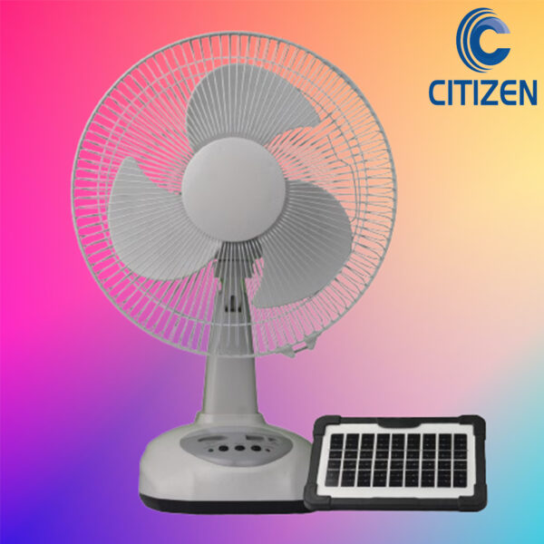 Rechargeable Table Fan 12 inch Solar rechargeable fan Bangladesh Fan with LED lights and phone charging Mini fan for load shedding backup 6V battery fan with solar panel Portable fan for home and camping